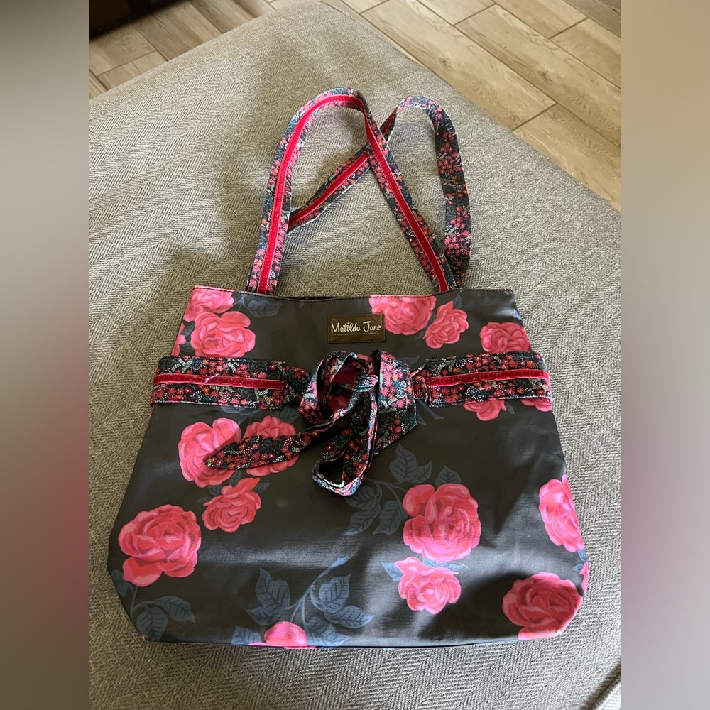 Matilda Jane Heart Strings Gray with Pink Floral Print Shoulder Tote Bag